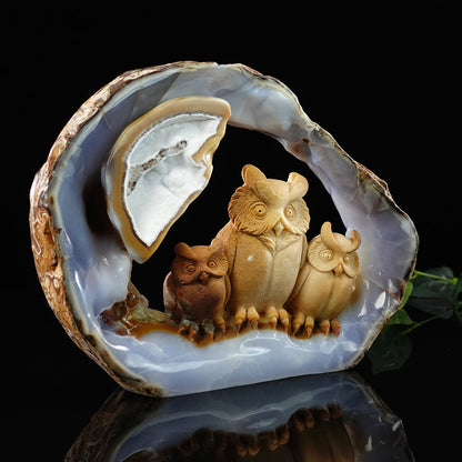 Nicedony 9.5" Blue Chalcedony Hand Carved Owl Family - View 6