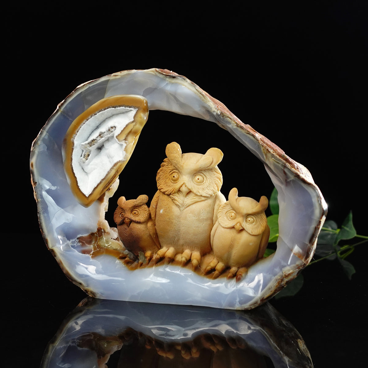 Nicedony 9.5" Blue Chalcedony Hand Carved Owl Family - View 7