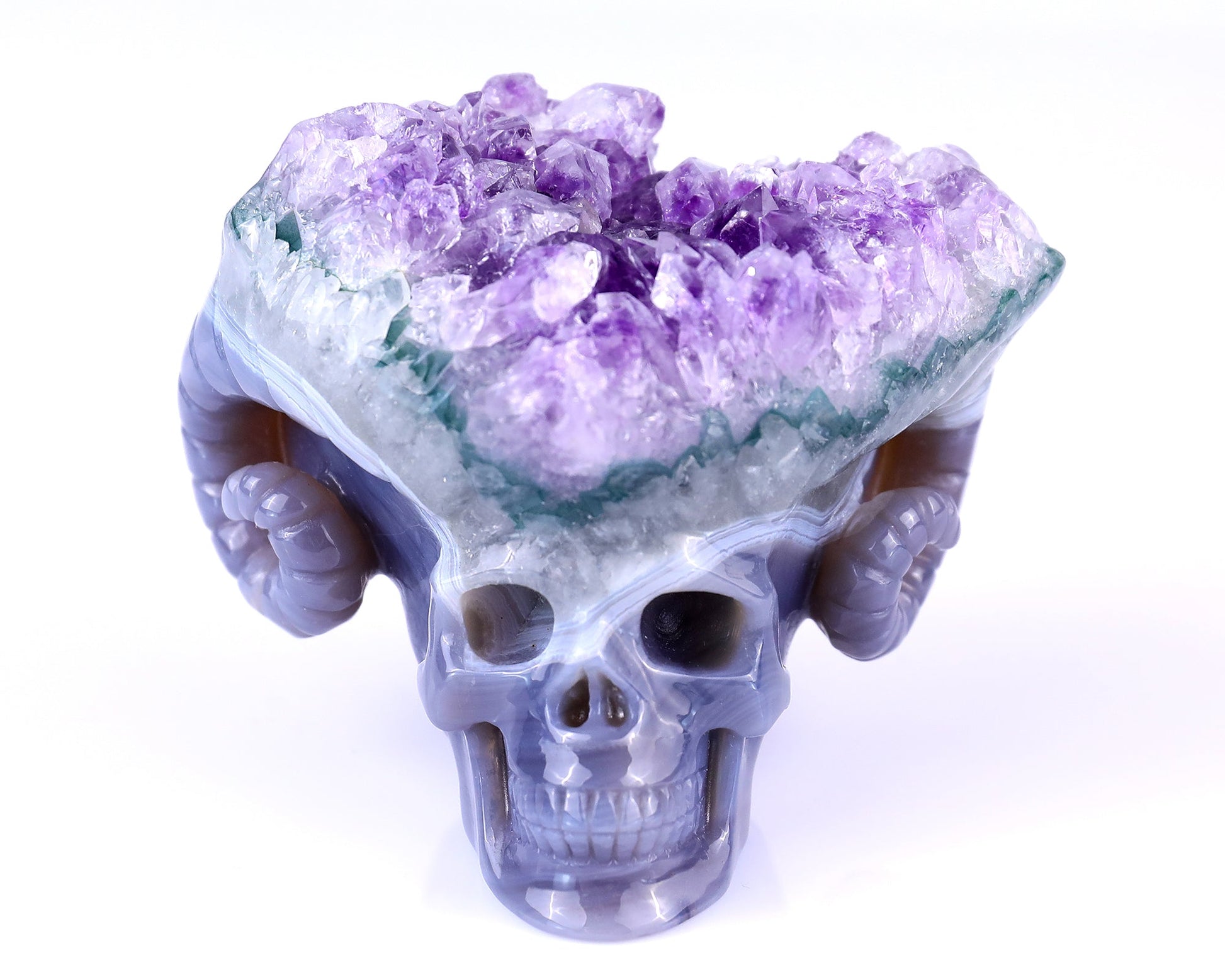 Nicedony Unique 2.9" Amethyst Druse Agate Hand Carved Mineral Specimen Skull with Horn Sculpture - View 2
