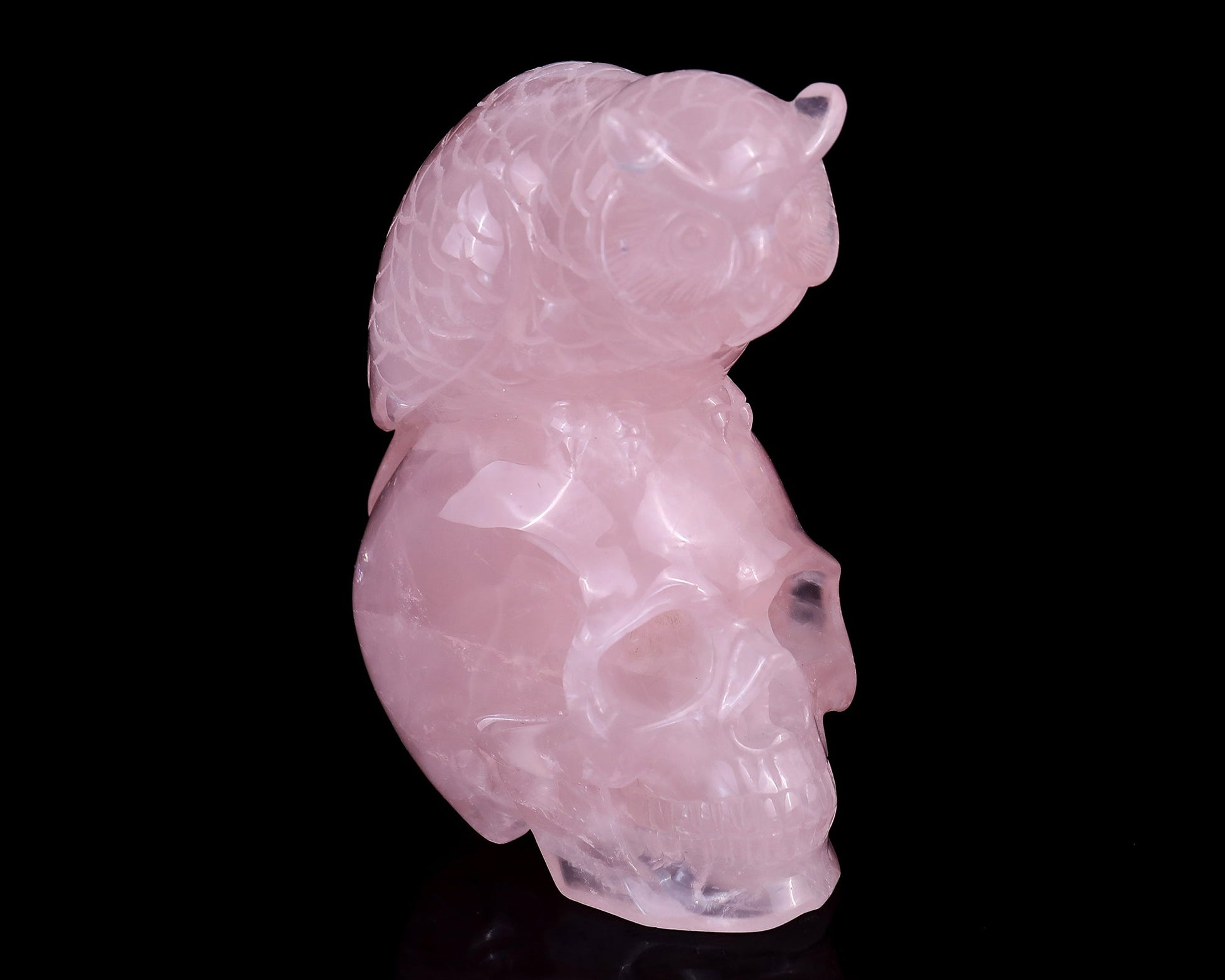 Nicedony 5.5" Rose Quartz Hand Carved Realistic Skull with Owl