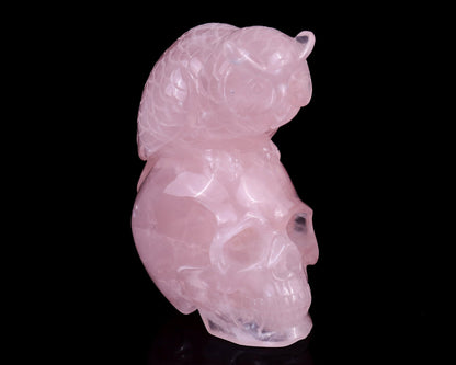 Nicedony 5.5" Rose Quartz Hand Carved Realistic Skull with Owl