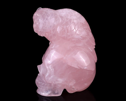 Nicedony 5.5" Rose Quartz Hand Carved Realistic Skull with Owl - View 4