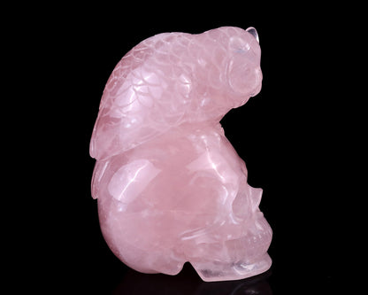 Nicedony 5.5" Rose Quartz Hand Carved Realistic Skull with Owl - View 3