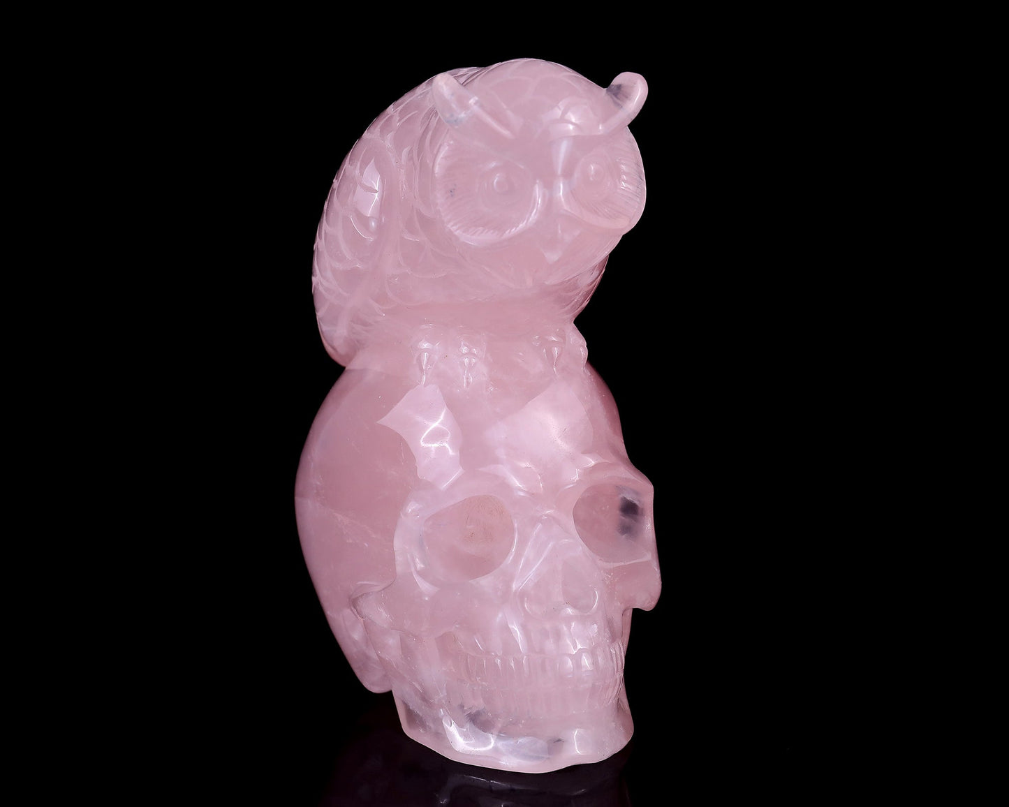 Nicedony 5.5" Rose Quartz Hand Carved Realistic Skull with Owl - View 5