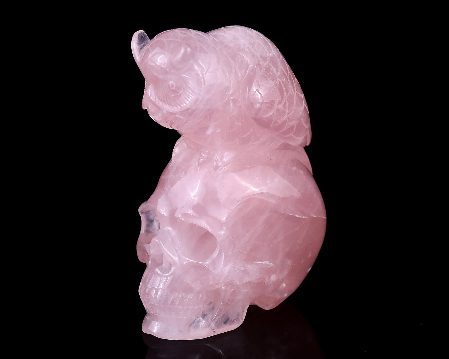 Nicedony 5.5" Rose Quartz Hand Carved Realistic Skull with Owl - View 8