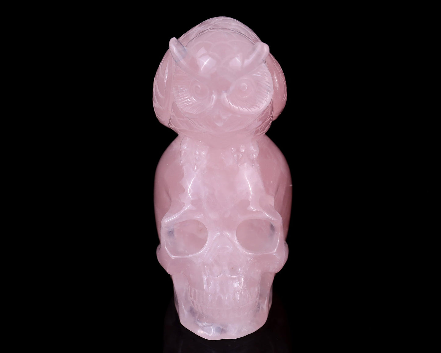 Nicedony 5.5" Rose Quartz Hand Carved Realistic Skull with Owl - View 2