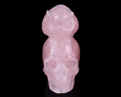 Nicedony 5.5" Rose Quartz Hand Carved Realistic Skull with Owl - View 2