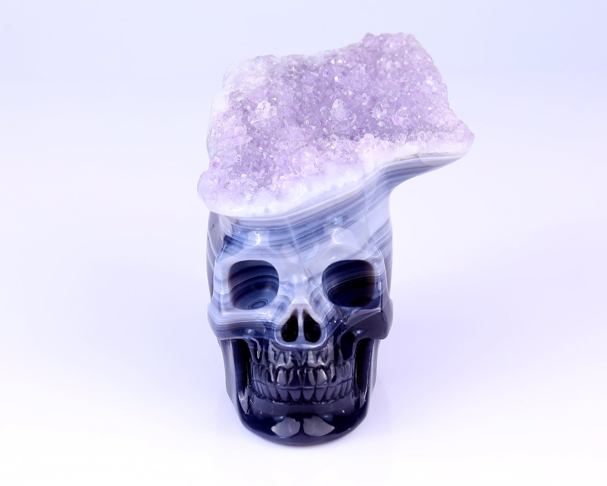 Nicedony Unique 6.3" Amethyst Druse Agate Hand Carved Crystal Mineral Specimen Skull Sculpture - View 2