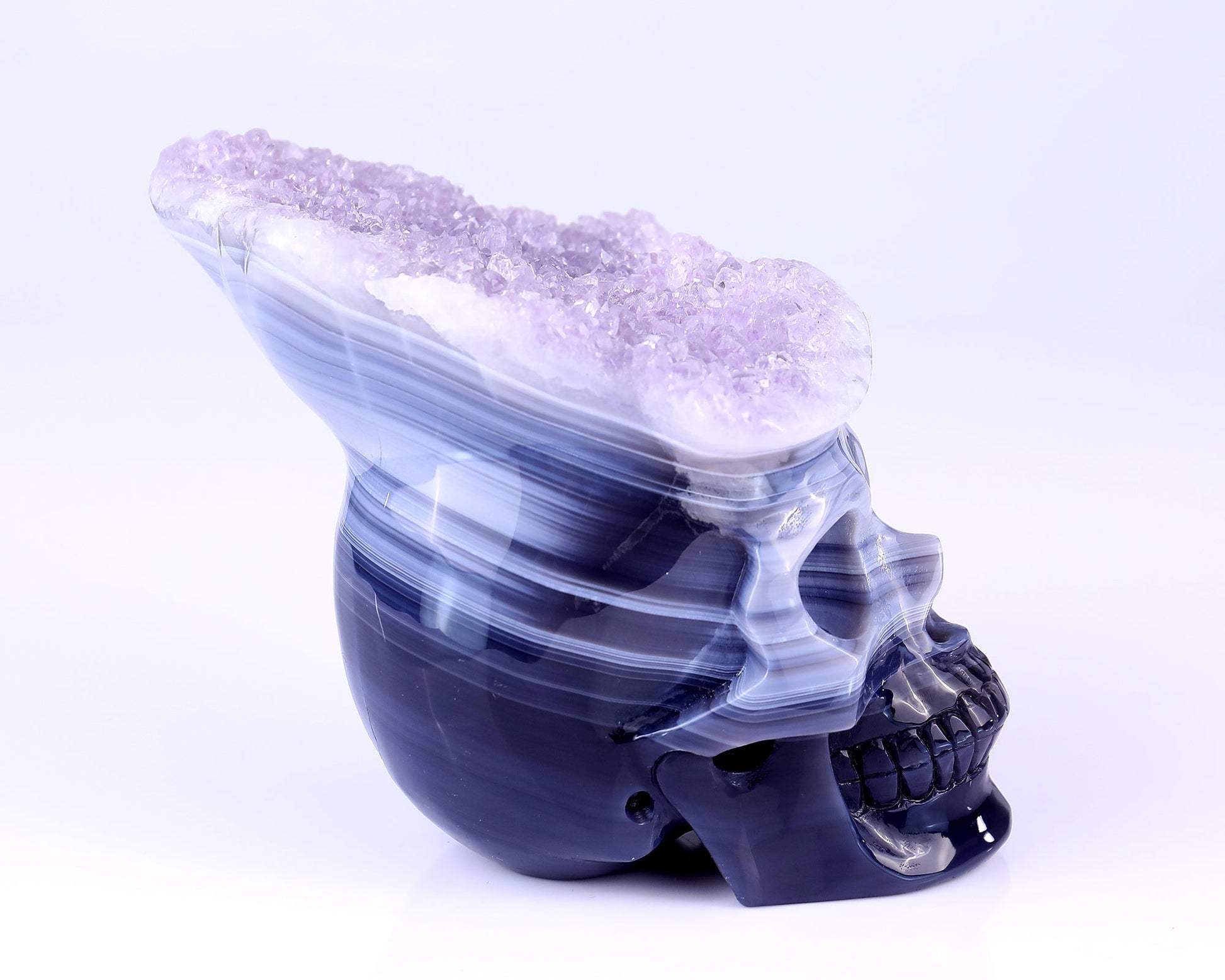 Nicedony Unique 6.3" Amethyst Druse Agate Hand Carved Crystal Mineral Specimen Skull Sculpture - View 3