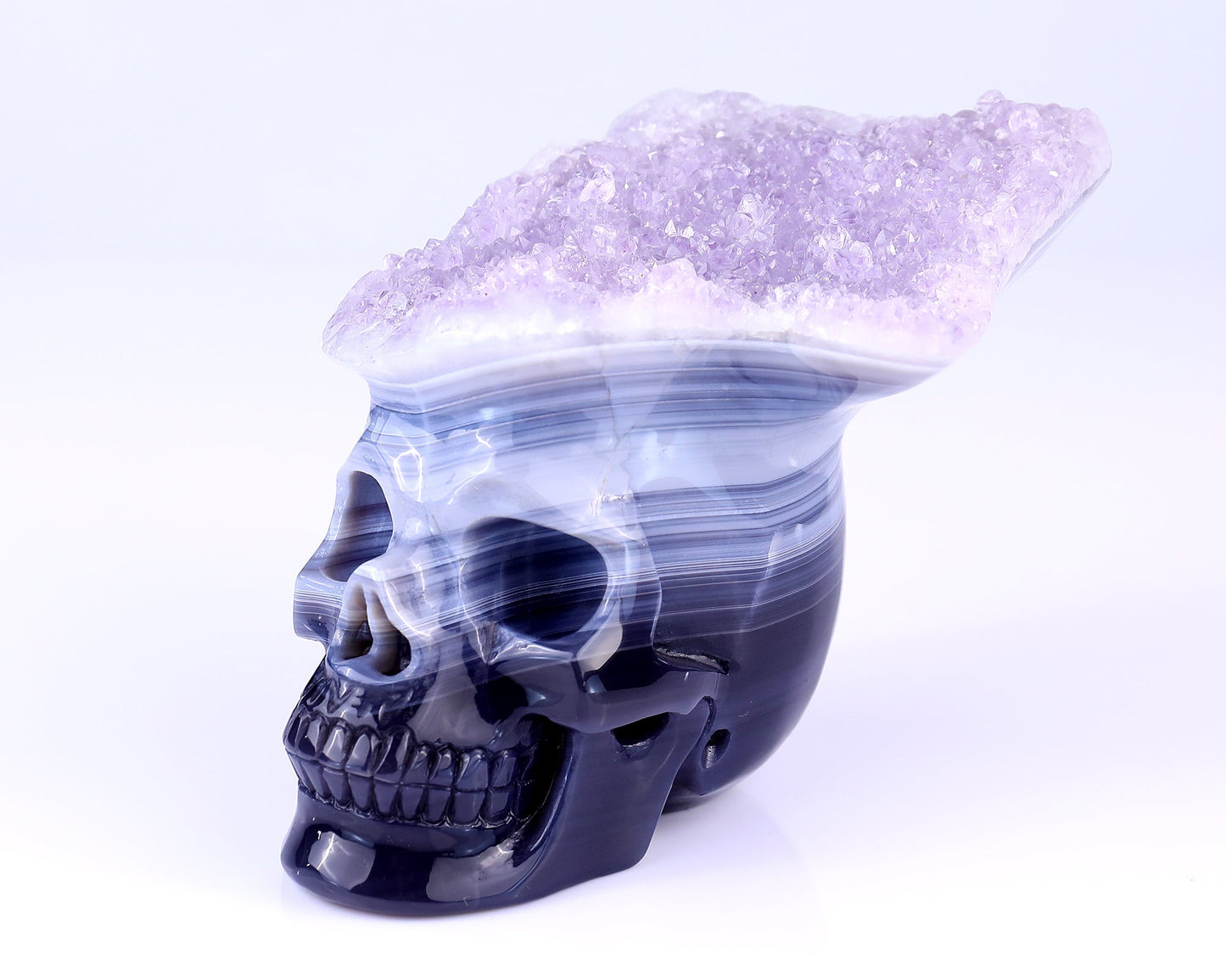 Nicedony Unique 6.3" Amethyst Druse Agate Hand Carved Crystal Mineral Specimen Skull Sculpture