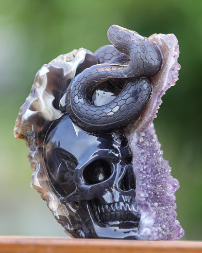Nicedony 6.6" Amethyst Geode Agate Hand Carved Skull and Snake