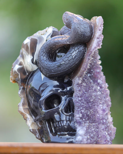 Nicedony 6.6" Amethyst Geode Agate Hand Carved Skull and Snake - View 2
