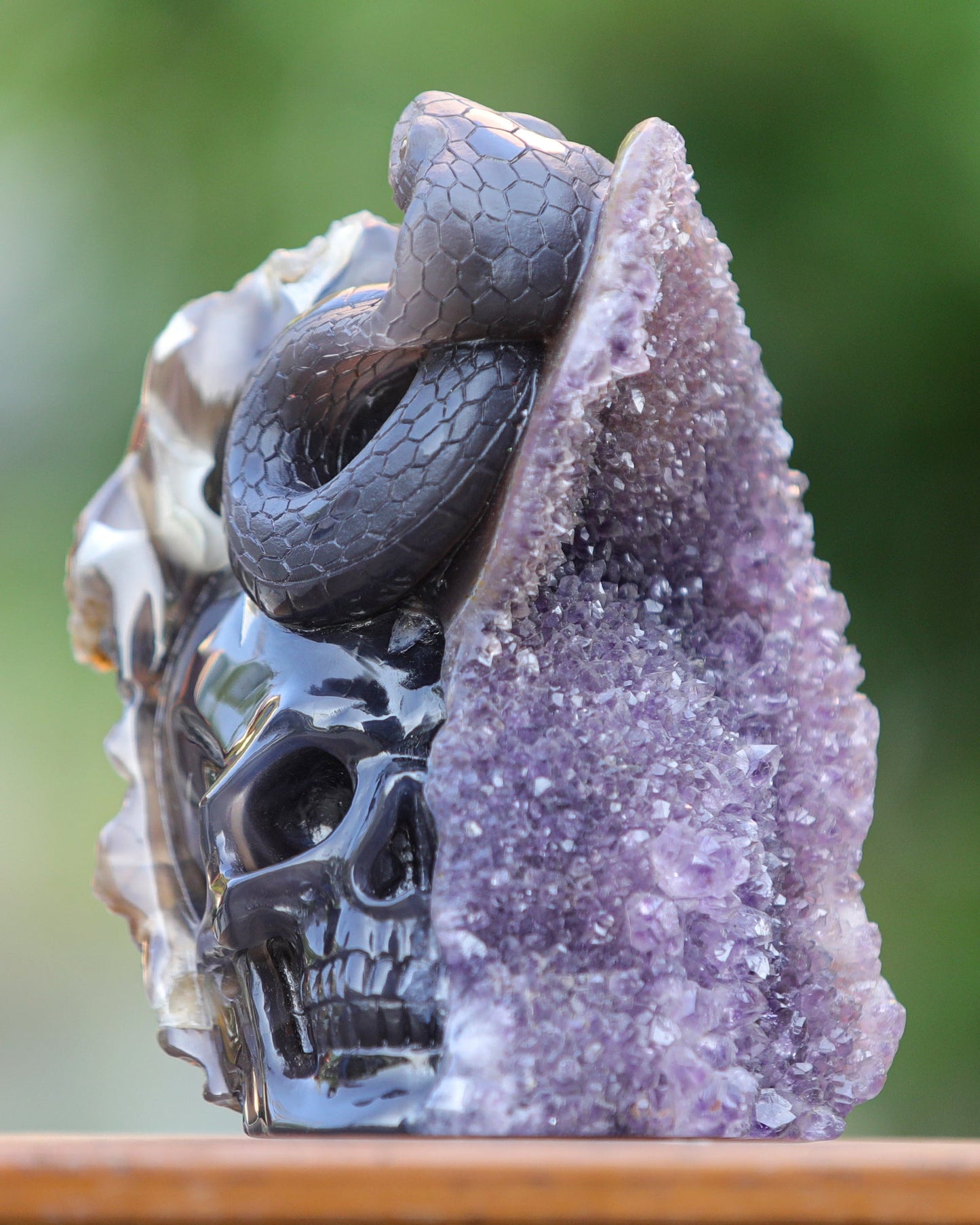 Nicedony 6.6" Amethyst Geode Agate Hand Carved Skull and Snake - View 3