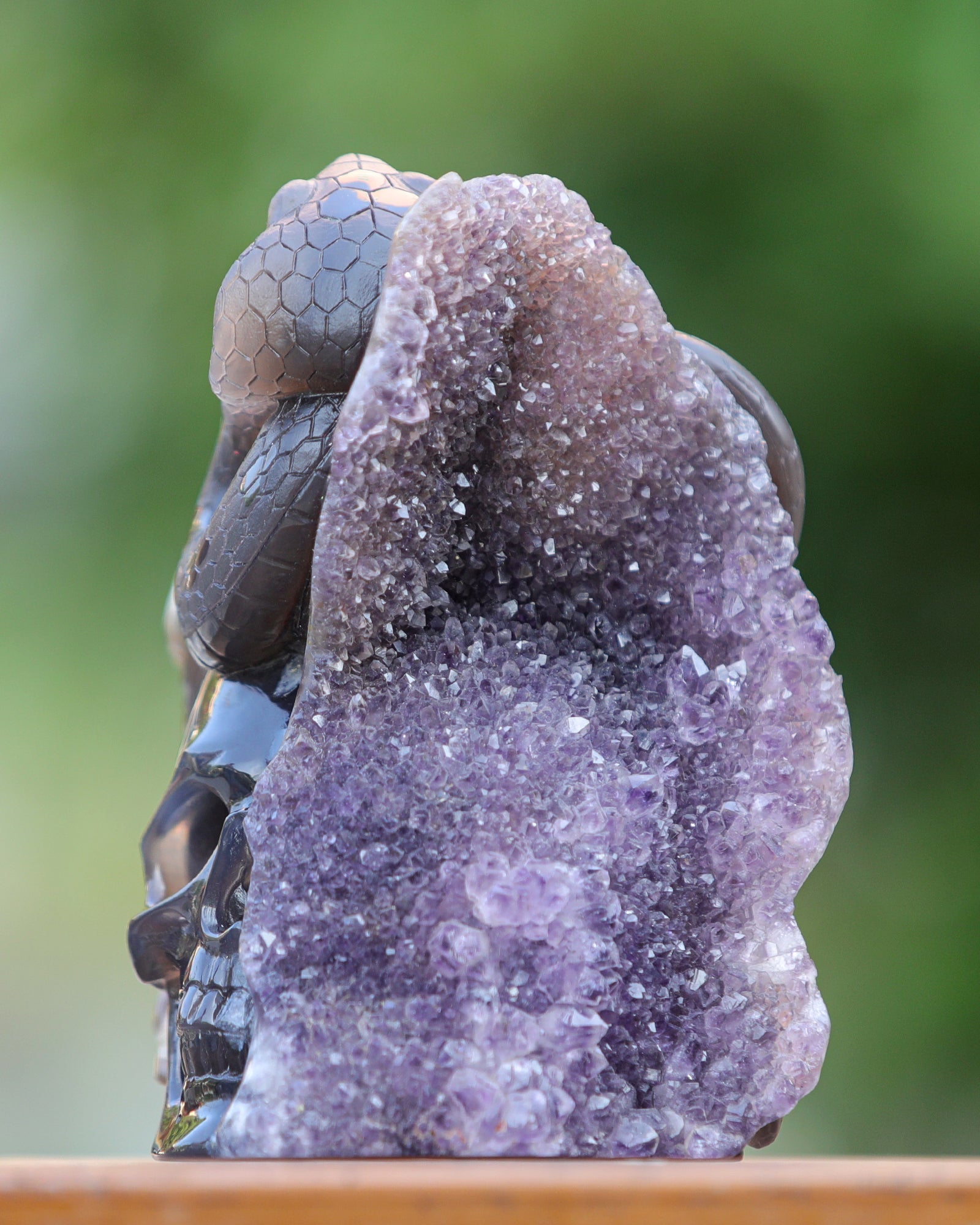 Nicedony 6.6" Amethyst Geode Agate Hand Carved Skull and Snake - View 4