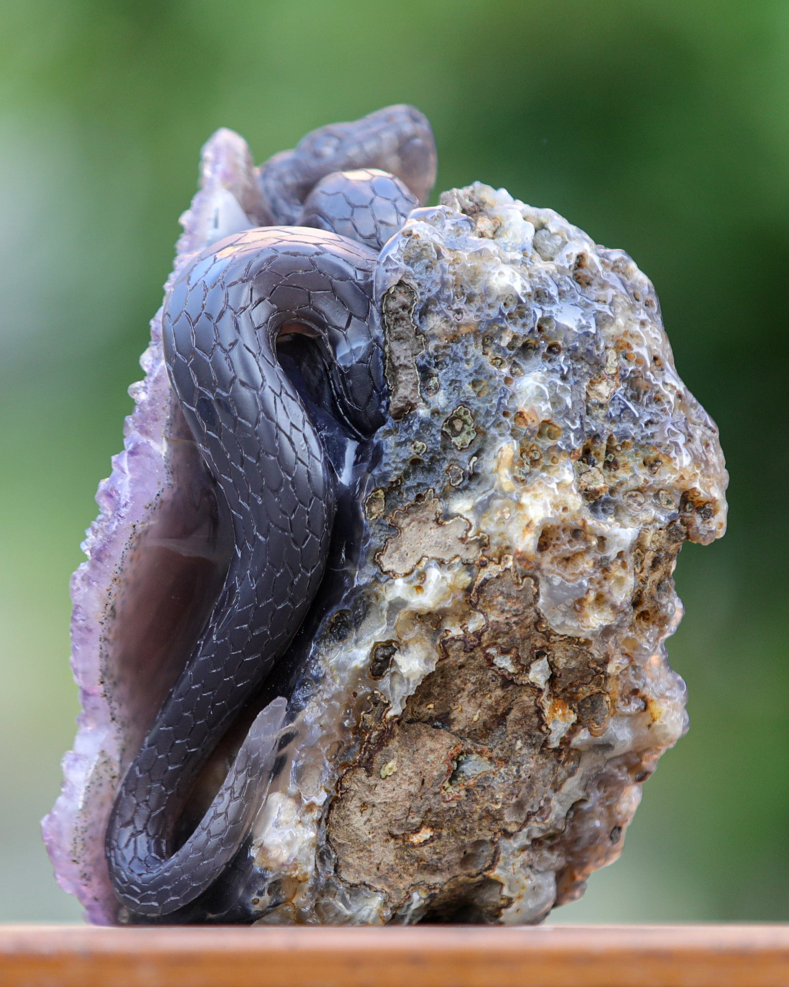 Nicedony 6.6" Amethyst Geode Agate Hand Carved Skull and Snake - View 6