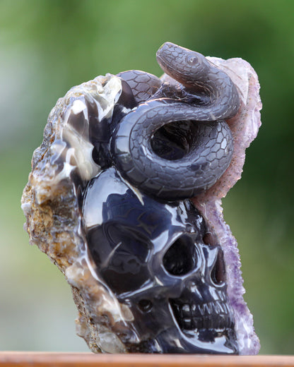 Nicedony 6.6" Amethyst Geode Agate Hand Carved Skull and Snake - View 7