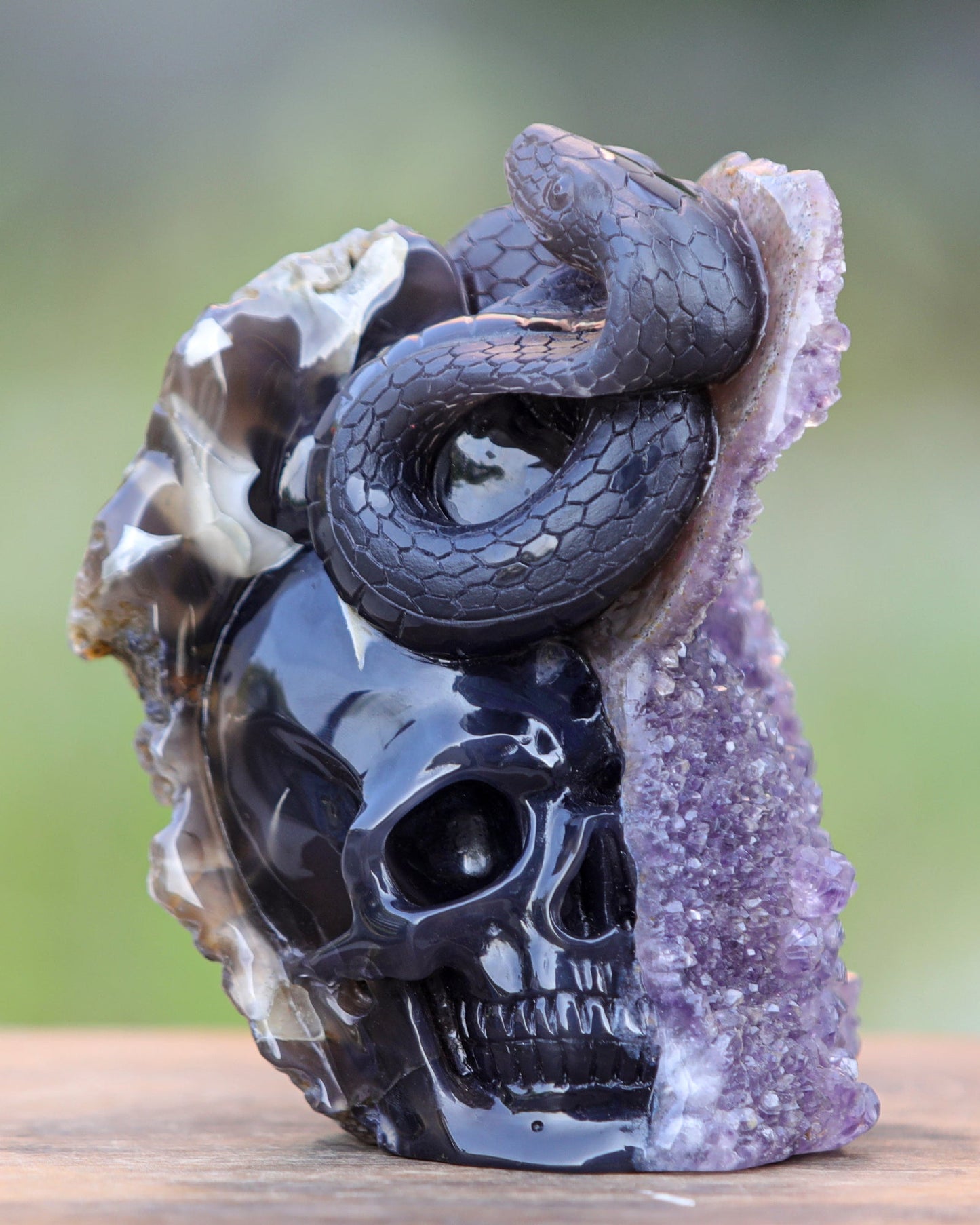 Nicedony 6.6" Amethyst Geode Agate Hand Carved Skull and Snake - View 9