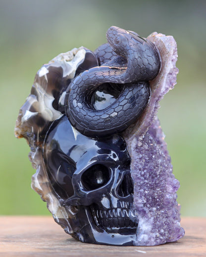 Nicedony 6.6" Amethyst Geode Agate Hand Carved Skull and Snake - View 9