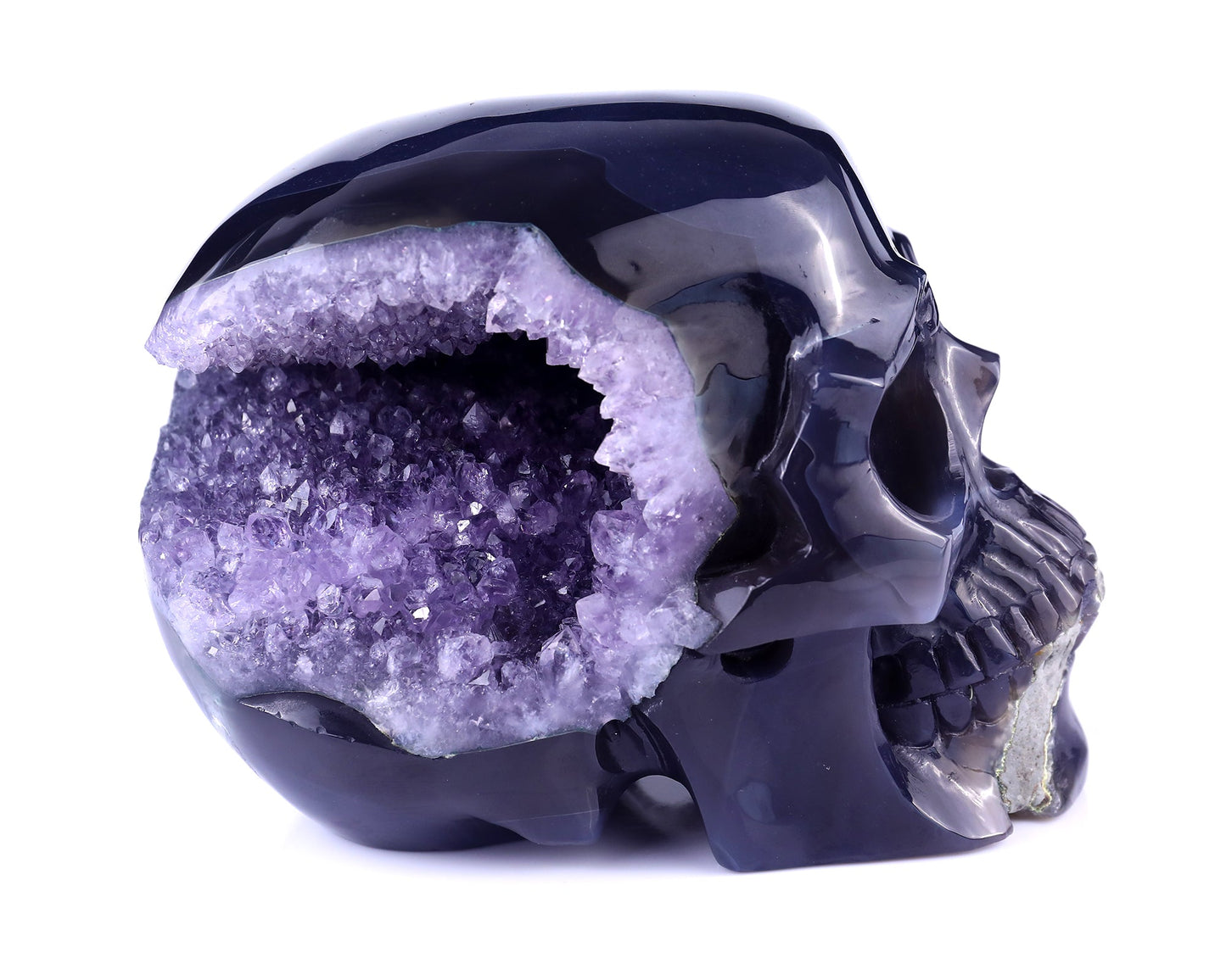 Nicedony 6.9" Geode Agate Hand Carved Crystal Geode Skull Sculpture
