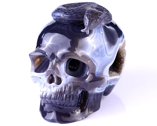 Nicedony Unique 7.1" Amethyst Geode Agate Hand Carved Crystal Geode Skull Sculpture