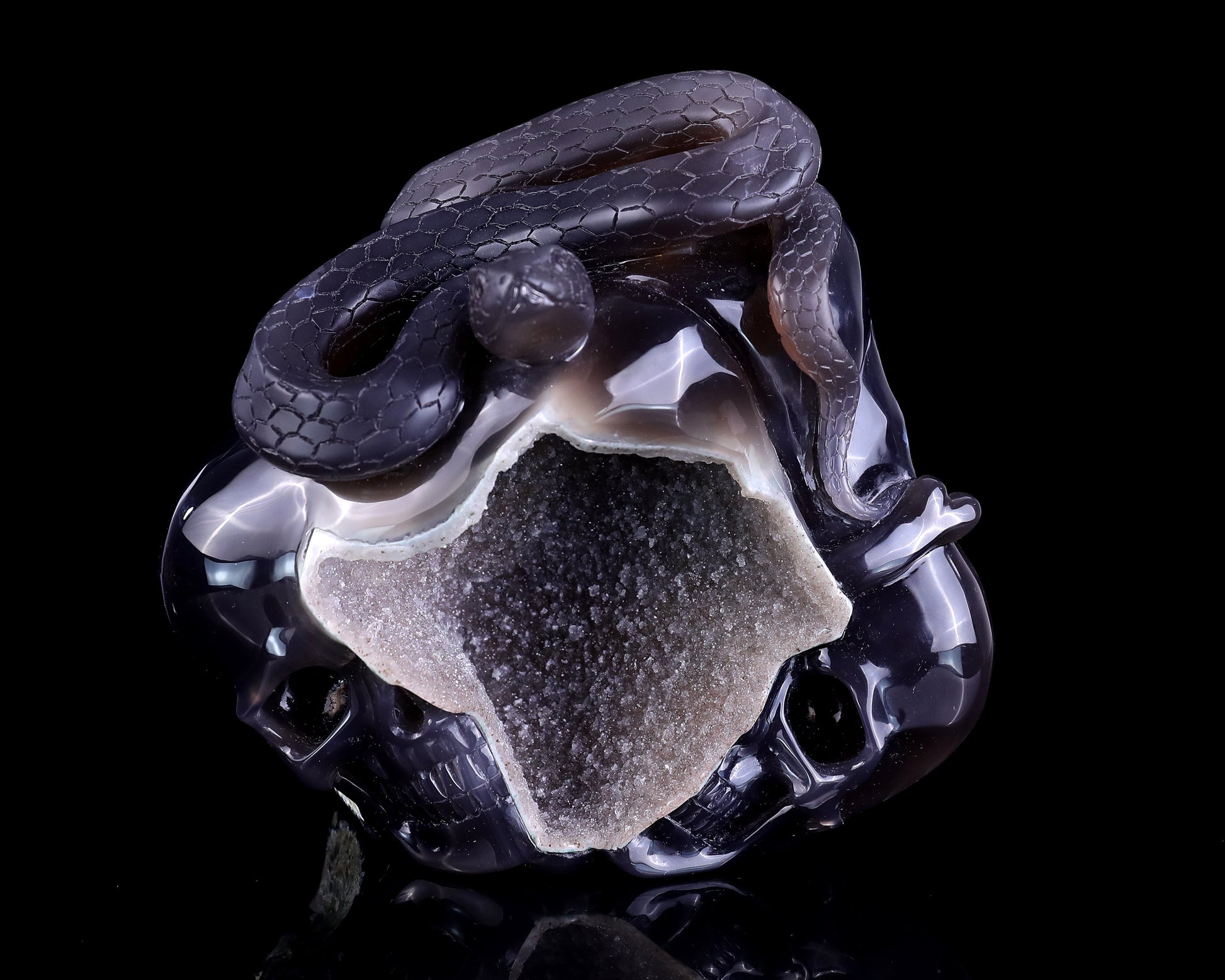 Nicedony Unique 7.1" Geode Agate Hand Carved Crystal Realistic Skull and Snake Sculpture