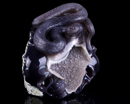 Nicedony Unique 7.1" Geode Agate Hand Carved Crystal Realistic Skull and Snake Sculpture - View 2