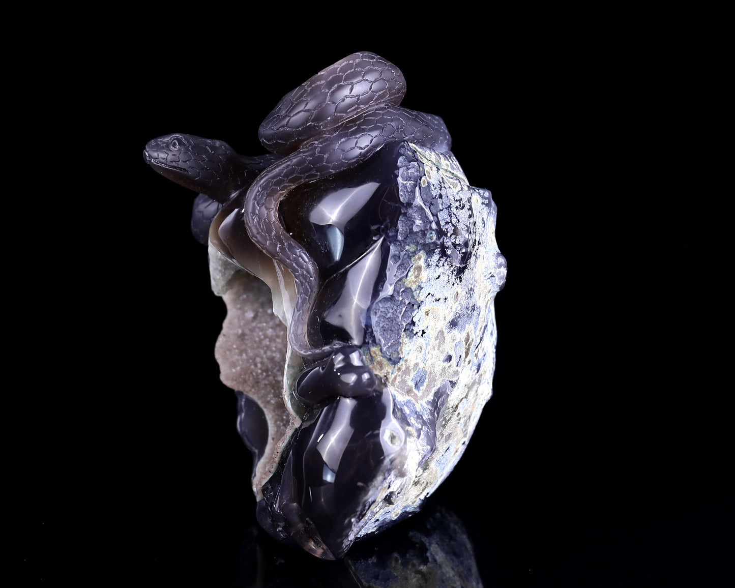 Nicedony Unique 7.1" Geode Agate Hand Carved Crystal Realistic Skull and Snake Sculpture - View 5