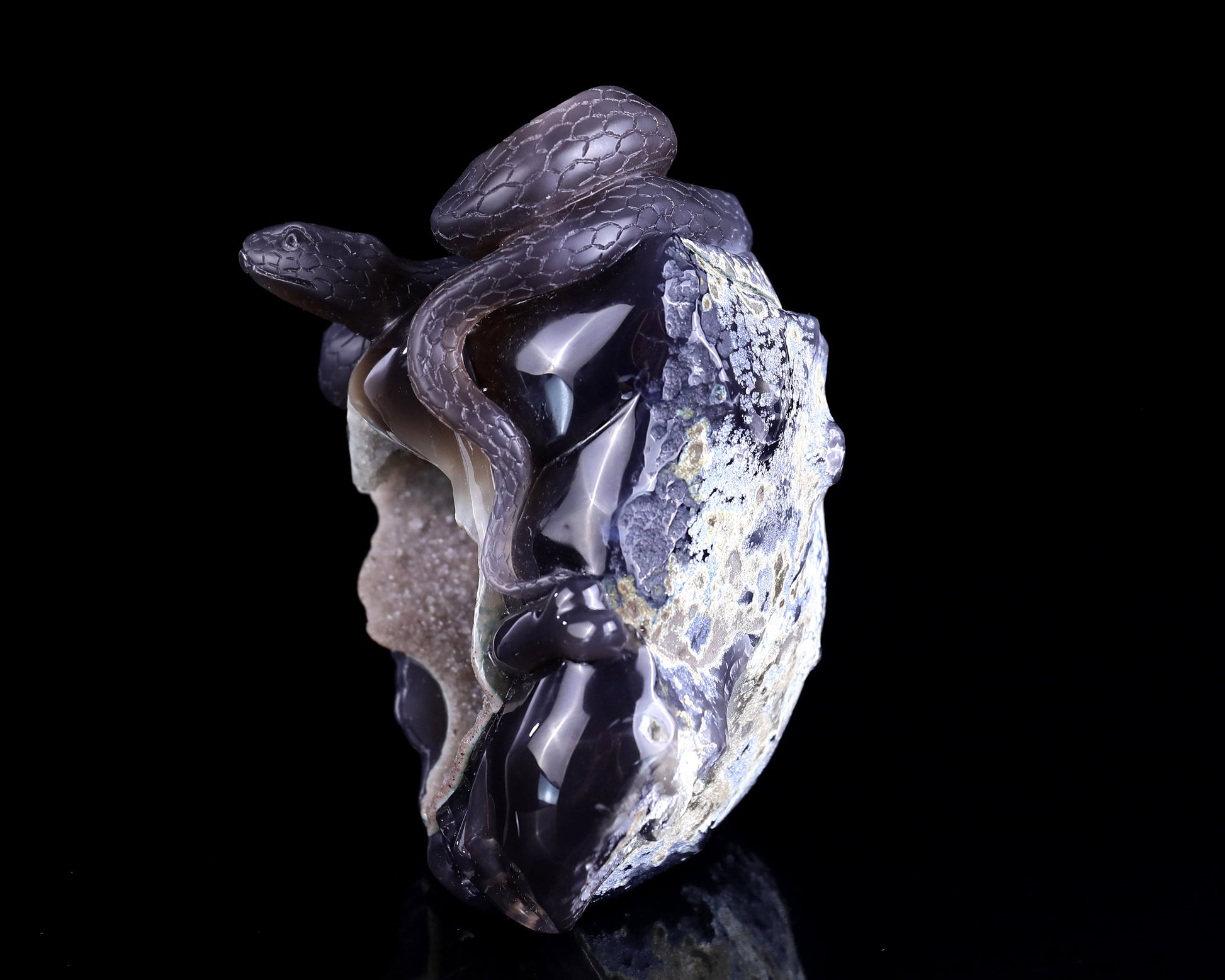 Nicedony Unique 7.1" Geode Agate Hand Carved Crystal Realistic Skull and Snake Sculpture - View 5