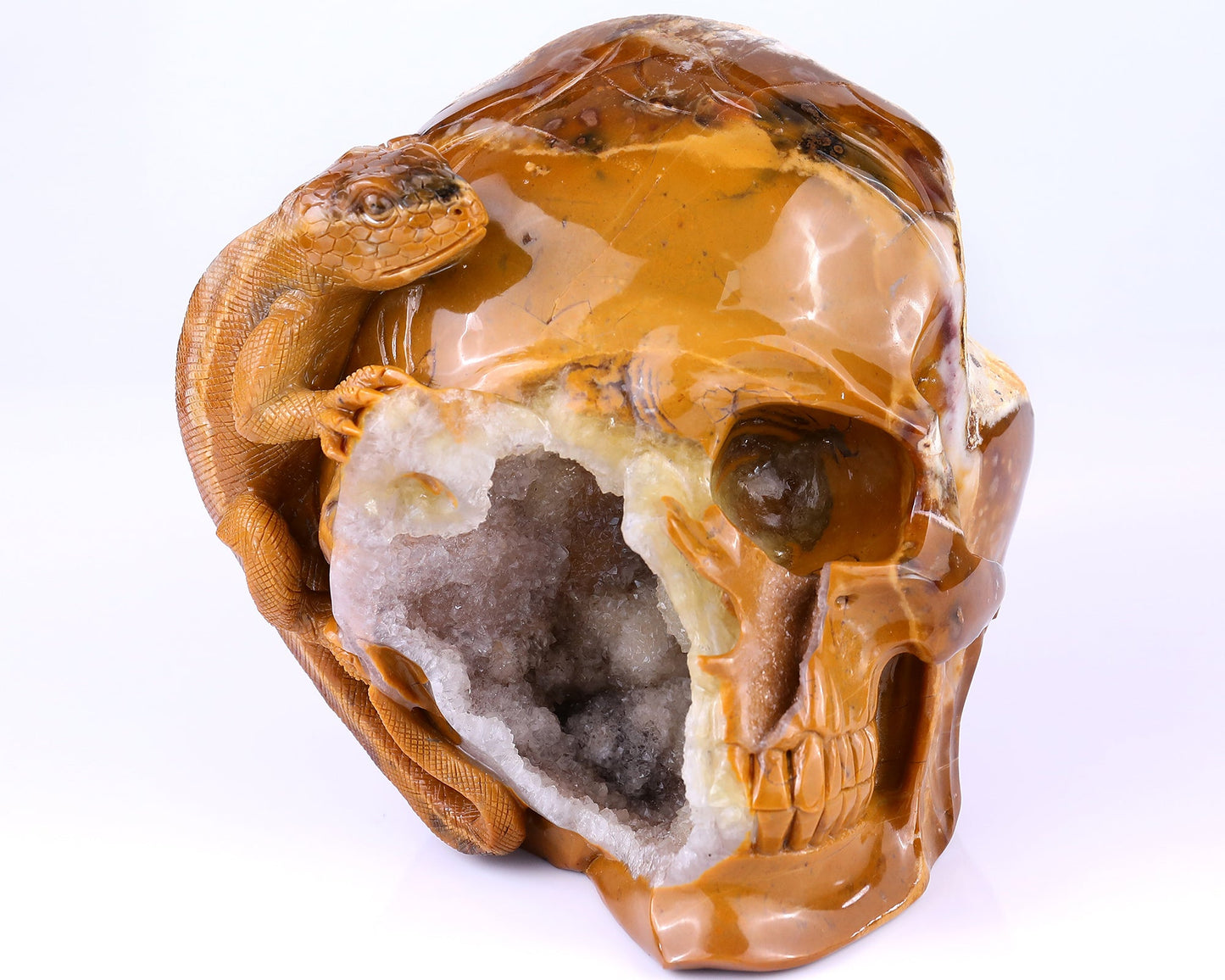 Nicedony Unique 7.9" Chalcedony Hand Carved Crystal Geode Skull with Lizard Sculpture - View 3