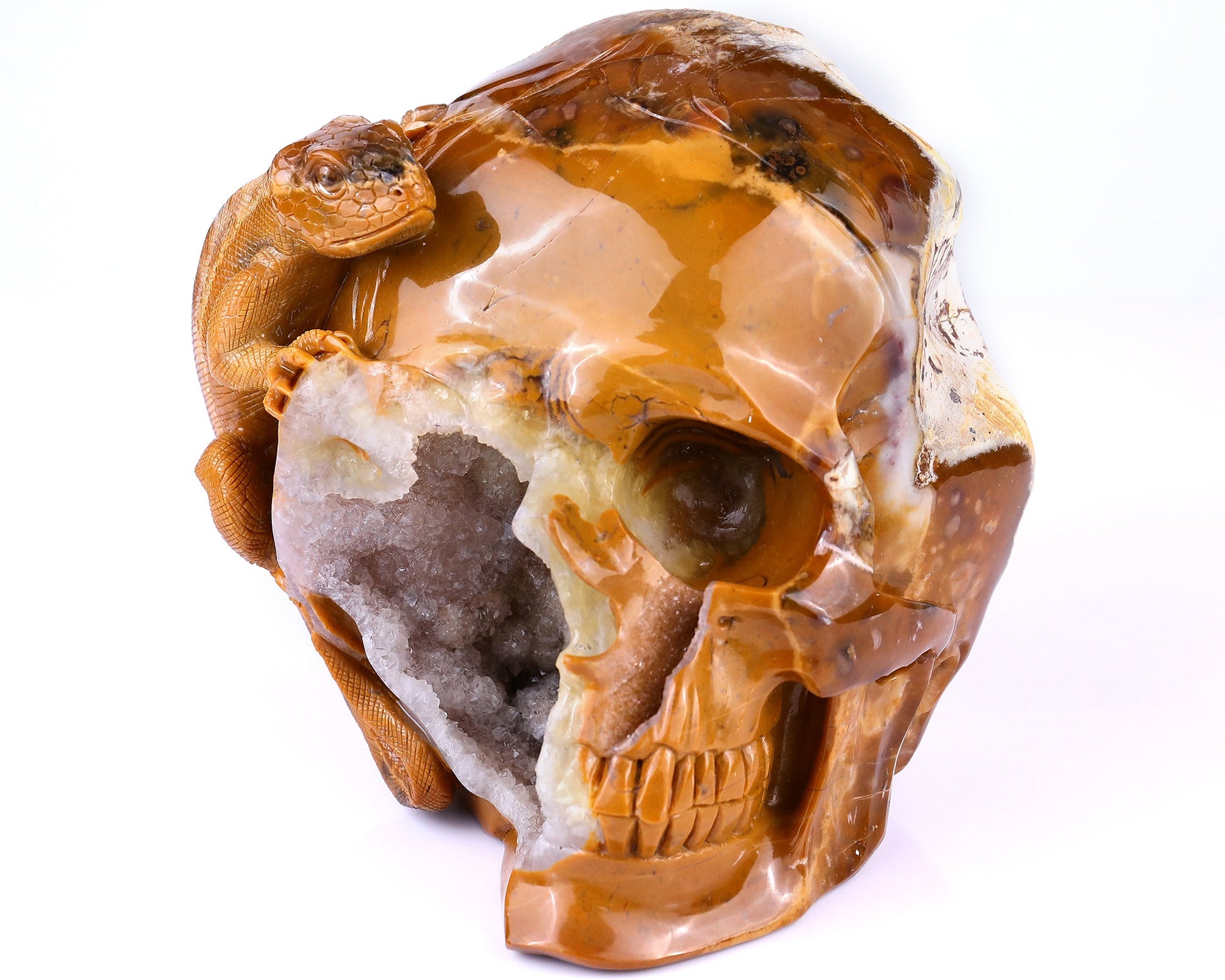Nicedony Unique 7.9" Chalcedony Hand Carved Crystal Geode Skull with Lizard Sculpture - View 2