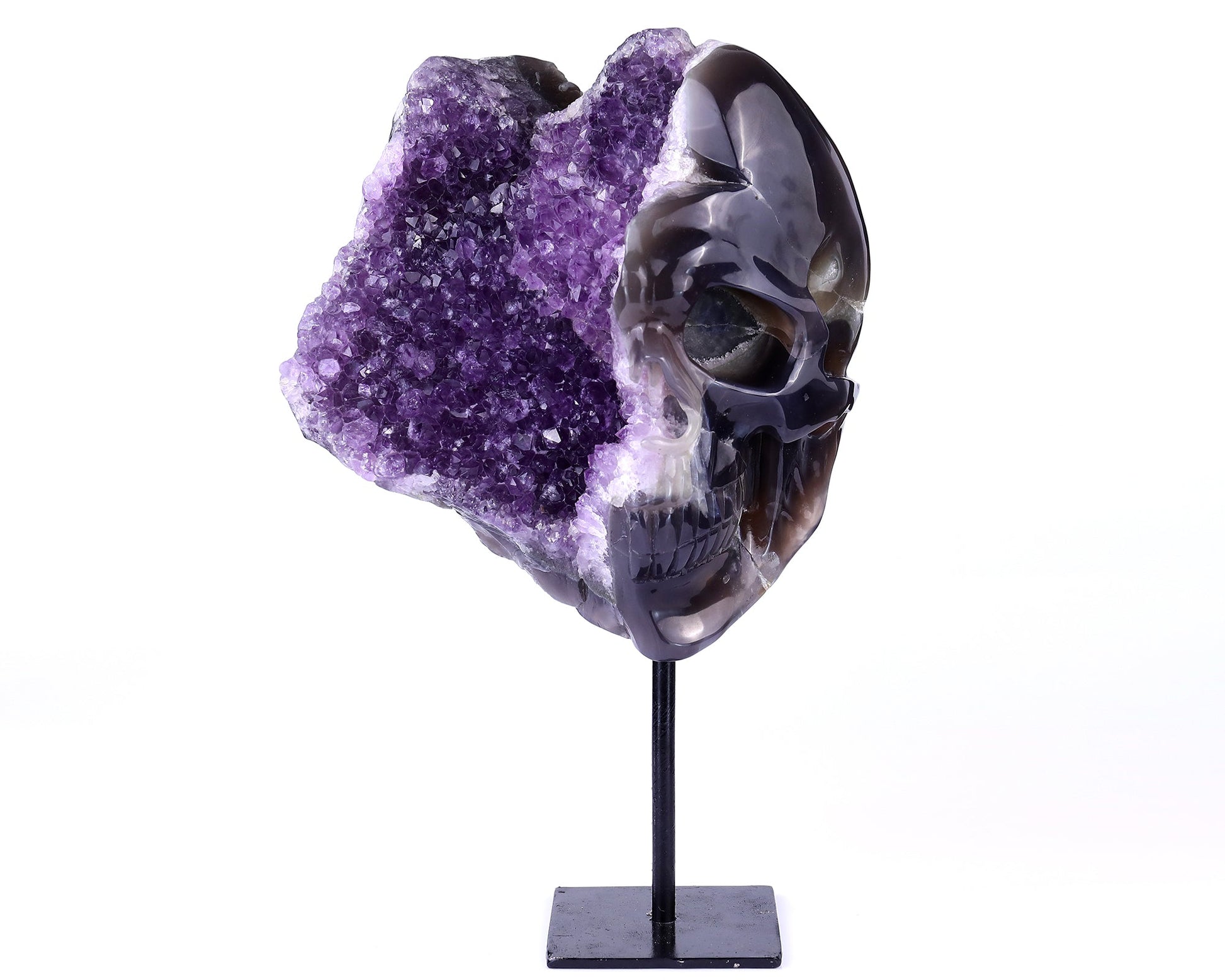 Nicedony 9.1" Amethyst Geode Agate Hand Carved Geode Skull Sculpture