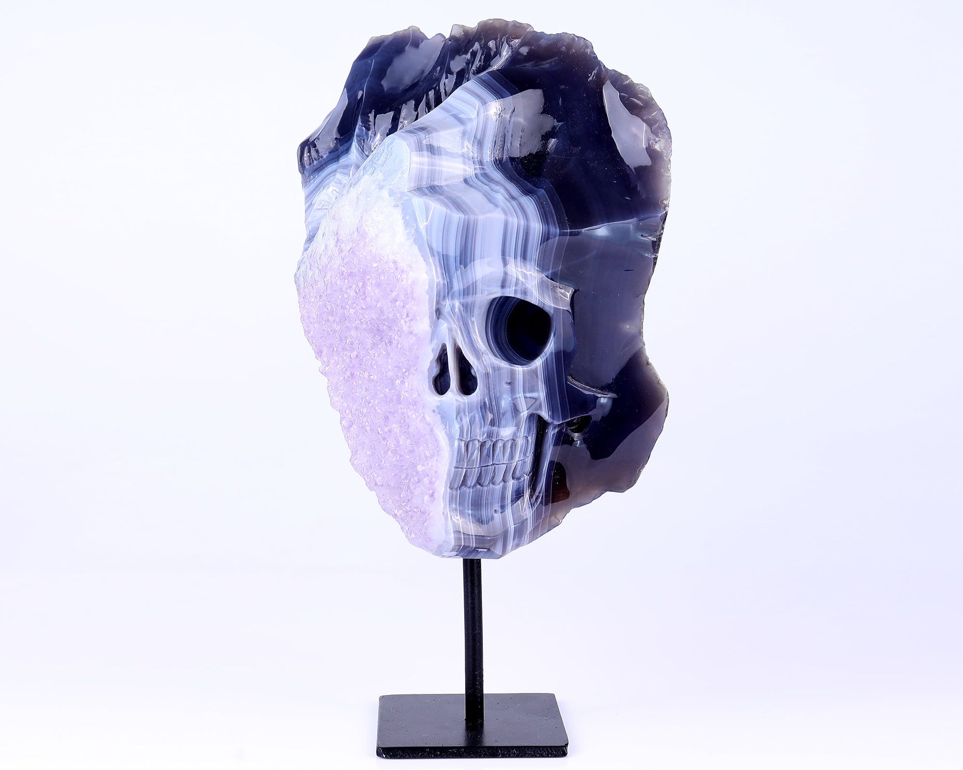 Nicedony 9.8" Amethyst Geode Agate Hand Carved Geode Skull Sculpture