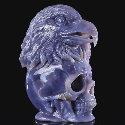 7.2" Amethyst Druse Agate Hand Carved Mineral Specimen Skull and Eagle