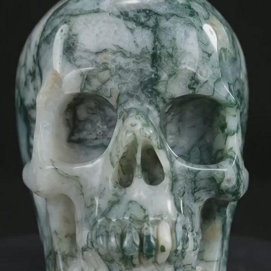 Nicedony 4.5" Moss Agate Hand Carved Crystal Realistic Skull Sculpture (SKU: skh45ma01) - Video
